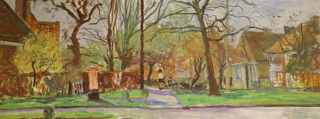 Faith Sheppard (1920-2008), oil on board, The Red Pillar Box, 30 x 75cm, and an oil study of Birch trees